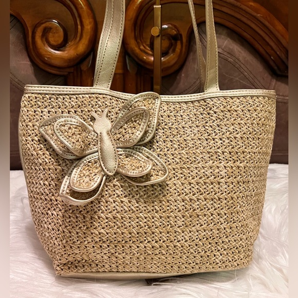 Bueno Tan Canvas & Brown Leather Satchel with Gold Hardware - Picture 3 of 10